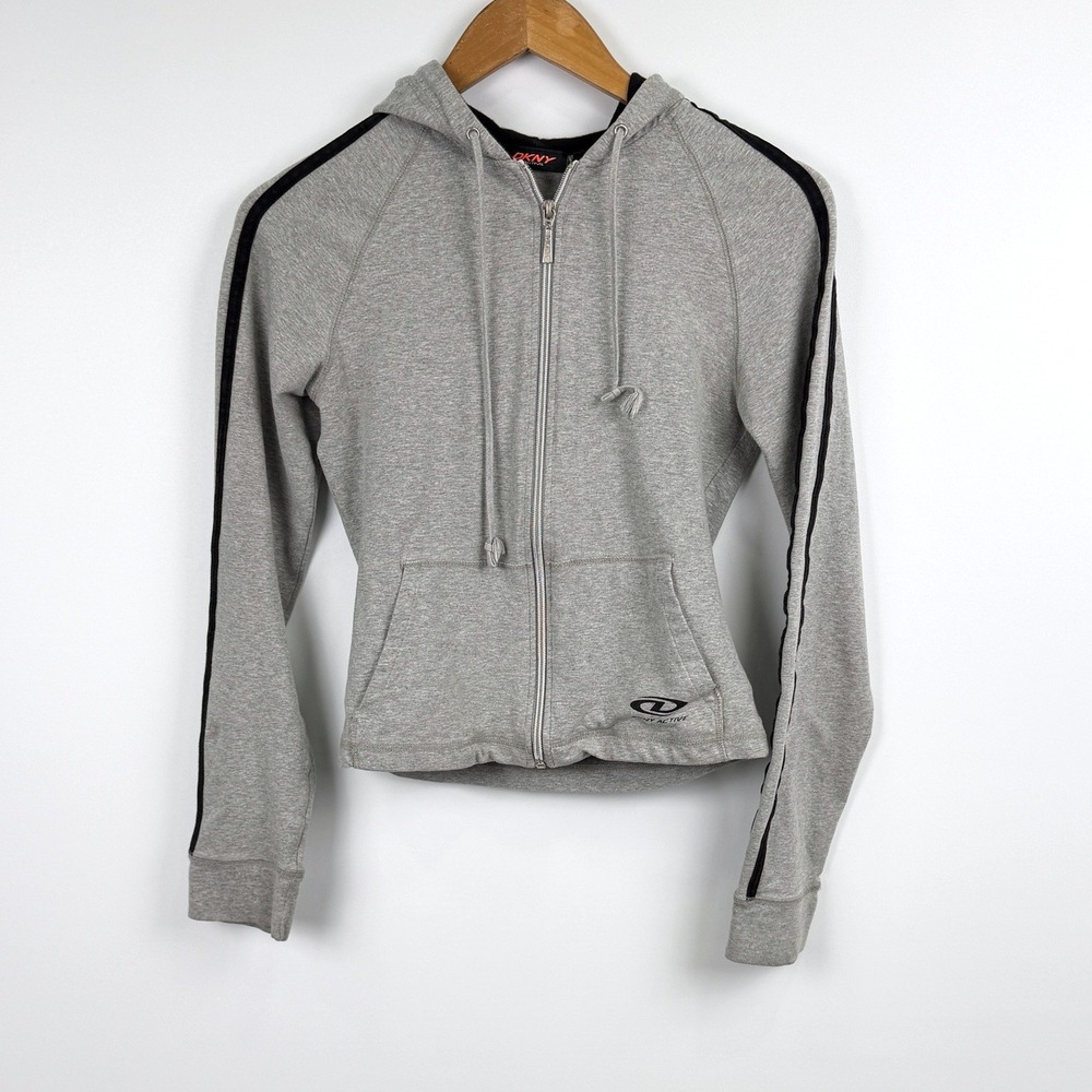 DKNY Active Hoodie Womens XS Gray Full Zip Black Side Stripe Athleisure